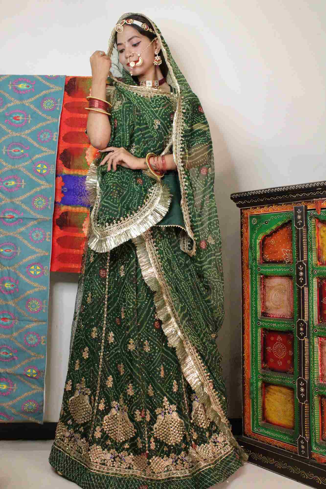 Rajasthani Red Green Booti Work Lehenga Kurti Set 103A in Jaipur, India  from Little India